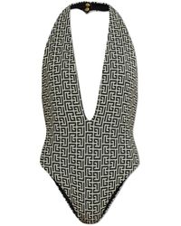 Balmain - Monogram-Jacquard Halterneck Badpak - Lyst