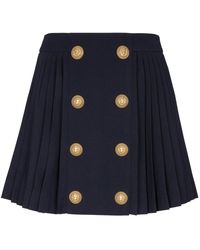 Balmain - Rokken ,Blauw ,Wol Geplooide Rok Met Leeuwenkopknopen - Lyst