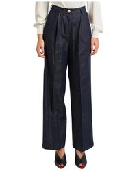 Yes-Zee - Jeans ,Blauw ,Leer High-Waist Broek Met Plooien - Lyst