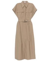 Brunello Cucinelli - Kleedjes ,Bruin ,Katoen Pocket Belted Midi Dress - Lyst