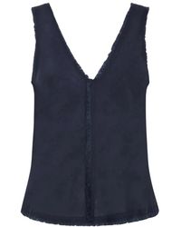 P.A.R.O.S.H. - P.A.R.O..H. ,Tops ,Blauw ,Linnen Linnen Top Zonder Mouwen Met V-Hals En Franjes - Lyst