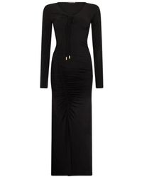 Roberto Cavalli - Kleedjes ,Zwart ,Rayon Ruched Midi Jurk - Lyst