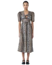 Ganni - Leopardenmuster midi kleid mit selbstbindung - Lyst
