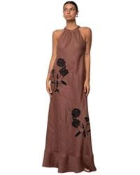 Kaos - Lange Linnen Jurk Met Bloemenaccenten - Lyst