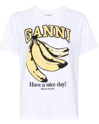 Ganni - Weißes bedrucktes vorderteil t-shirt,t-shirt mit grafischem druck und rundhalsausschnitt - Lyst