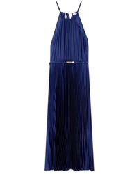 Oltre - Kleedjes ,Blauw ,Satijn Geplooide Satijnen Midi-Jurk - Lyst