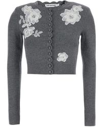 Self-Portrait - Truien & Vesten ,Grijs ,Wol Gebreide Cardigan Met Kanten Kraag - Lyst