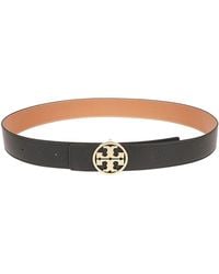 Tory Burch - Accessoires ,Zwart ,Zwart Gehamerd Leren Riem Met Gouden Metalen Gesp - Lyst