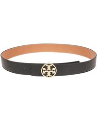Tory Burch - Accessoires ,Zwart ,Zwart Gehamerd Leren Riem Met Gouden Metalen Gesp - Lyst