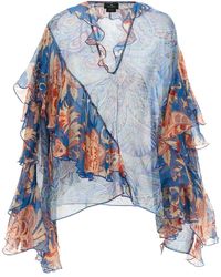 Etro - Overhemden ,Veelkleurig ,Chiffon Zijden Blouse Met Lange Mouwen, Ruches En Bloemmotief - Lyst