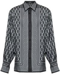 Versace - Overhemden ,Grijs ,Gedrukte Regular Shirt Van Zijde Twill - Lyst