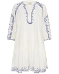 Cream - Blauwe Geborduurde Jurk Met 3/4 Mouwen - Lyst