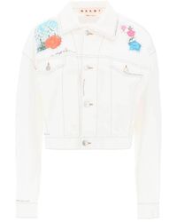 Marni - Cropped denim jacket with flower patches and embroidery - Lyst