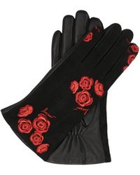 Kazar - Accessoires ,Zwart ,Leer Elegante Zwarte Handschoenen Met Geborduurde Rode Bloemen - Lyst
