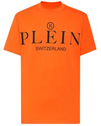 Philipp Plein - Tops ,Oranje ,Katoen T-Shirt Ronde Hals Iconic Plein - Lyst