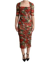 Dolce & Gabbana - Gerafftes Kleid Aus Baumwolltüll Mit Blumenprint - Lyst