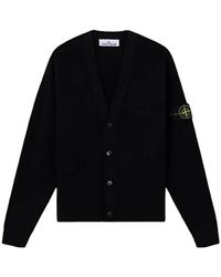 Stone Island - Truien & Vesten ,Zwart ,Katoen Ribgebreid Cardigan Met V-Hals - Lyst