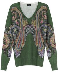 Etro - Truien & Vesten ,Groen ,Kasjmier V-Hals Trui Met Paisley Print - Lyst