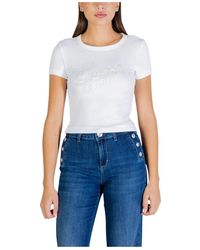 Guess - Tops ,Wit ,Katoen T-Shirt Met Strass-Versiering En Print Met Ronde Hals - Lyst