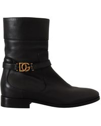 Dolce & Gabbana - Black leather flats logo short boots shoes - Lyst