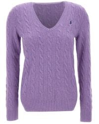 Polo Ralph Lauren - Truien & Vesten ,Paars ,Wol Pullover Met V-Hals Van Kabelgebreid Wol-Cashmere - Lyst