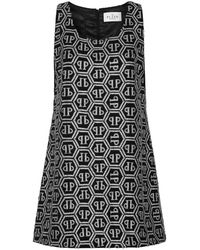 Philipp Plein - Kleedjes ,Zwart ,Polyester Mini Jurk Monogram Strass - Lyst