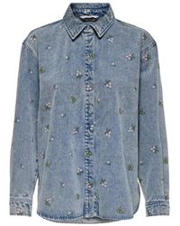 ONLY - Overhemden ,Blauw ,Katoen Bloemenpatroon Katoenen Shirt Met Automatische Knoopsluiting - Lyst