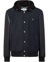 Philipp Plein - Jassen ,Blauw ,Nylon Nylon & Leather Varsity Bomber Hooded Jacket - Lyst