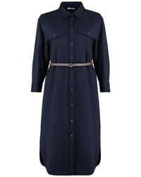 Peserico - Kleedjes ,Blauw ,Katoen Long Sleeve Belted Shirt Dress - Lyst