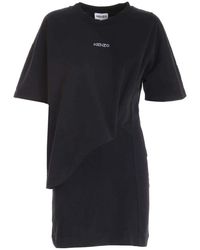 KENZO - Kleedjes ,Zwart ,Katoen Asymmetrische T-Shirtjurk Met Logo - Lyst