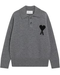 Ami Paris - Tops ,Grijs ,Wol Quota Poloshirt Met Contrasterende Ami De Coeur - Lyst