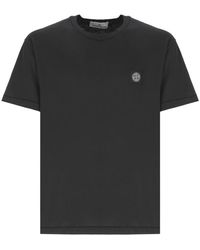 Stone Island - Zwart Katoenen T-Shirt Met Logo Patch - Lyst
