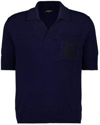 Balmain - Truien & Vesten ,Blauw ,Katoen Écusson Geborduurd Gebreid Poloshirt - Lyst