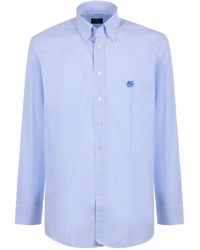 Etro - Overhemden ,Blauw ,Katoen Gestreept Overhemd Met Button-Down Kraag - Lyst