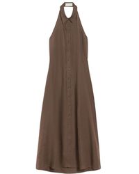 iBlues - Kleedjes ,Bruin ,Linnen Bruine Linnen Fit And Flare Jurk - Lyst