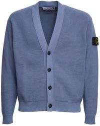Stone Island - Truien & Vesten ,Blauw ,Katoen Geribbelde Cardigan Met V-Hals - Lyst