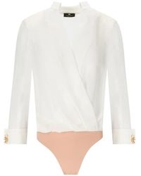 Elisabetta Franchi - Body camicia in georgette avorio con bottoni in strass e perle - Lyst