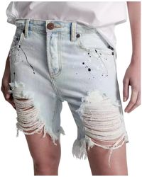 One Teaspoon - Boyfriend Denim Shorts Met Franje - Lyst