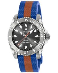 Gucci - Accessoires ,Veelkleurig ,40 Mm Stalen Kast, Donkergrijze Wijzerplaat Met Bij, Stalen Lunet, Rubberen Band - Lyst
