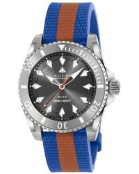 Gucci - Accessoires ,Veelkleurig ,40 Mm Stalen Kast, Donkergrijze Wijzerplaat Met Bij, Stalen Lunet, Rubberen Band - Lyst