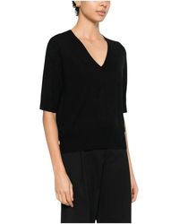 Soft Goat - Truien & Vesten ,Zwart ,Kasjmier V-Hals T-Shirt Met Korte Mouwen - Lyst
