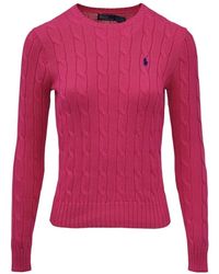 Ralph Lauren - Truien & Vesten ,Roze ,Katoen Trui Met Kabelsteek Van Katoen Met Ronde Hals - Lyst