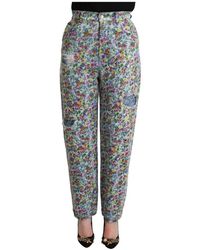 Dolce & Gabbana - Blaue blumenmuster hohe taille tapered jeans - Lyst