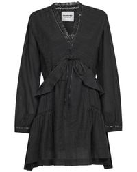 Isabel Marant - Kleedjes ,Zwart ,Katoen V-Neck Jurk Met Kant En Uitlopende Korte Rok - Lyst