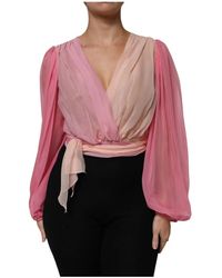 Dolce & Gabbana - Roze Zijden V-Hals Blouse Top - Lyst