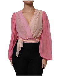 Dolce & Gabbana - Roze Zijden V-Hals Blouse Top - Lyst