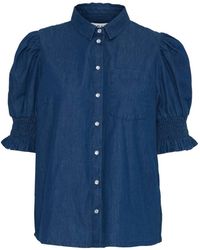 Ichi - Overhemden ,Blauw ,Katoen Donkerblauwe Gewassen Blouse Met Pofmouwen - Lyst