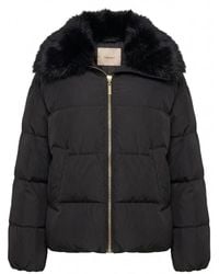 Twinset - Jassen ,Zwart ,Polyester Gewatteerde Jas Met Imitatiebontkraag - Lyst