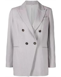Brunello Cucinelli - Jassen ,Grijs ,Linnen Lichtgrijze Linnen-Zijde Mix Double-Breasted Blazer - Lyst