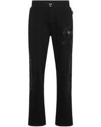 Philipp Plein - Broeken ,Zwart ,Katoen Joggingbroek Met Leren Inzetstukken Chrome Crest - Lyst
